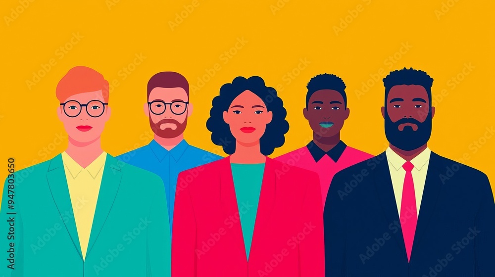 A diverse group of professionals in vibrant attire, standing confidently against a bright yellow background. A diverse group of professionals in vibrant attire, standing confidently against a bright yellow background.