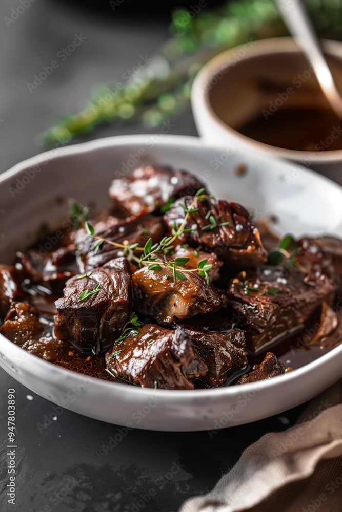 Tender beef stew with herbs served in a rustic bowl on a dark tabletop Tender beef stew with herbs served in a rustic bowl on a dark tabletop