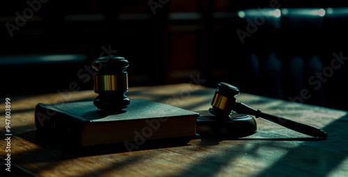 Gavel and book on a table, blurred background of a courtroom photo