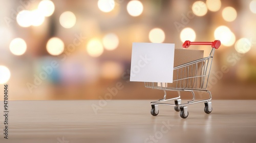 A shopping cart with a blank sign, perfect for showcasing promotions or sales against a bokeh background. photo