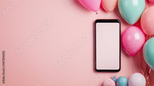 A smartphone on a pink background surrounded by colorful balloons, perfect for celebrations and modern digital themes. photo