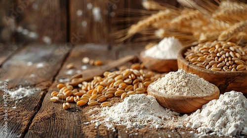 Wheat grains, flour and wheat stalks on rustic wooden background.