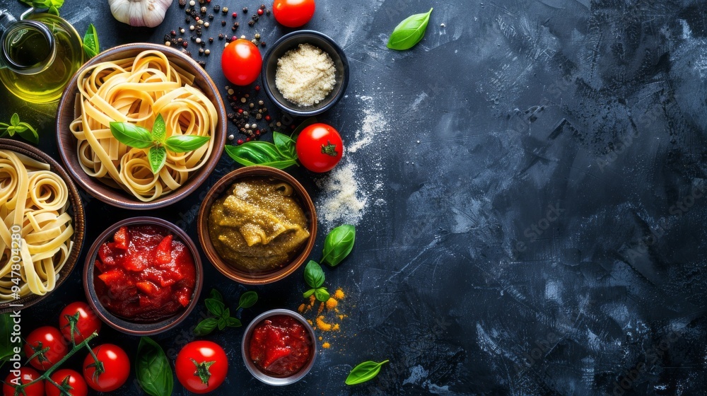 A table with a variety of food items including pasta, tomatoes, and condiments A table with a variety of food items including pasta, tomatoes, and condiments