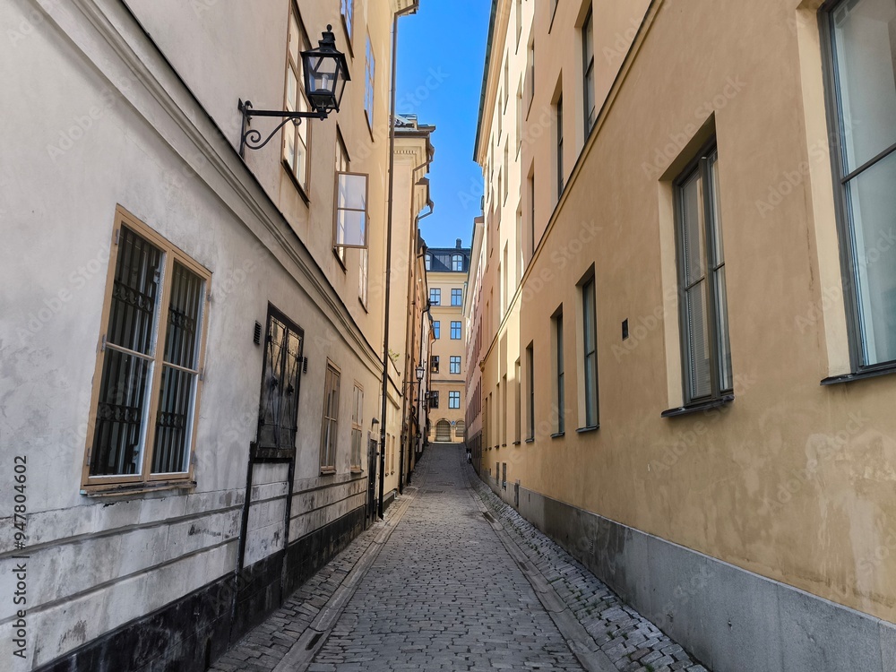 Fototapeta premium A street lined with colorful houses in Stockholm's historic Gamla Stan district, Sweden