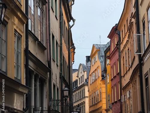 Photography A street lined with colorful houses in Stockholm's historic Gamla Stan district,