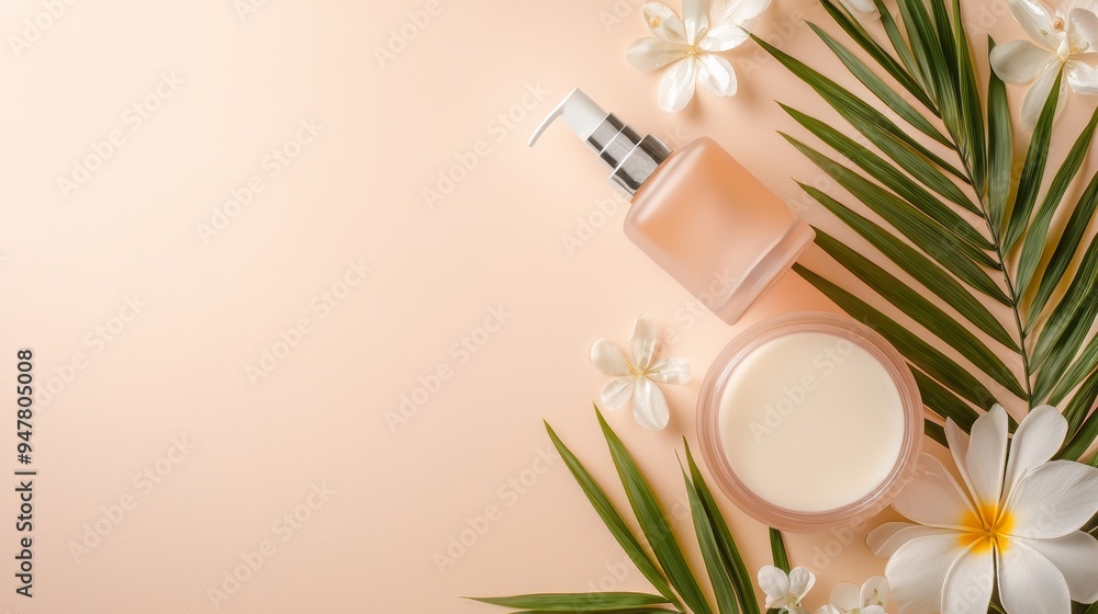 Elegantly arranged skincare products with flowers and leaves, perfect for beauty and wellness themes. Elegantly arranged skincare products with flowers and leaves, perfect for beauty and wellness themes.