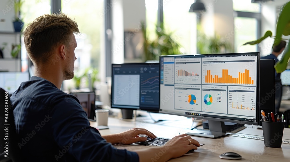 Professional working on data analysis and charts on computer screens in a modern office setting. Professional working on data analysis and charts on computer screens in a modern office setting.