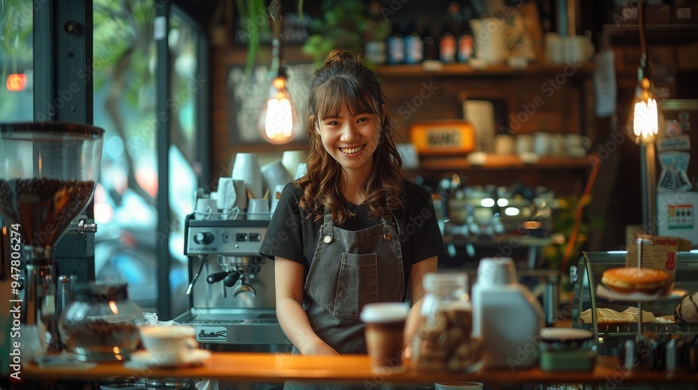 Smiling barista standing behind the counter in a cozy coffee shop, ready to serve customers with a variety of coffee and baked goods. Smiling barista standing behind the counter in a cozy coffee shop, ready to serve customers with a variety of coffee and baked goods.