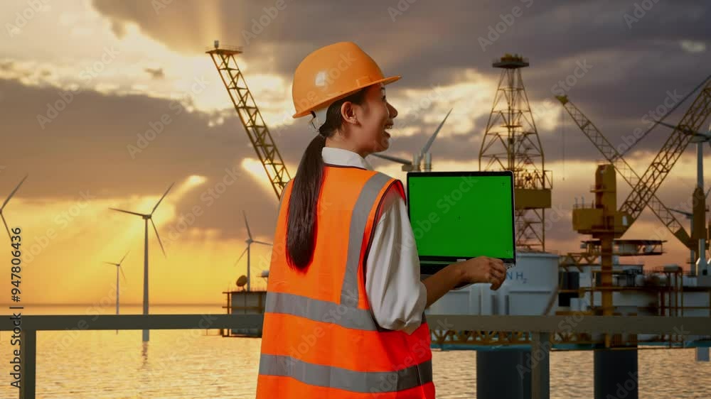 Back View Of Asian Female Engineer With Safety Helmet Working On A Green Screen Laptop And Looking Around With Hydrogen Production Back View Of Asian Female Engineer With Safety Helmet Working On A Green Screen Laptop And Looking Around With Hydrogen Production
