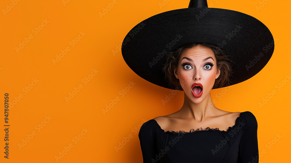 A young woman wears a large black witch hat and a black top, showing an expression of surprise against a vivid orange background, capturing the spirit of Halloween A young woman wears a large black witch hat and a black top, showing an expression of surprise against a vivid orange background, capturing the spirit of Halloween