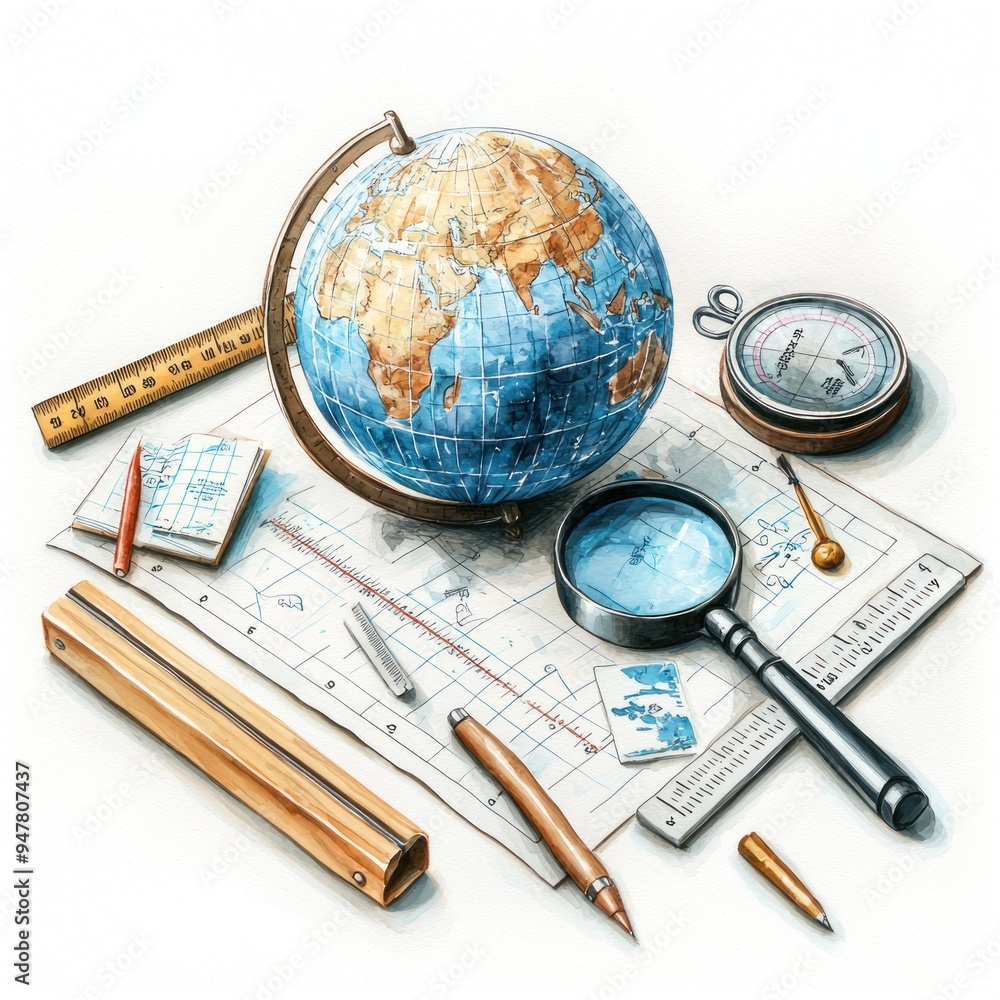 A high-resolution watercolor illustration of a globe surrounded by different educational tools such as a magnifying glass a ruler and a protractor on a white background The detailed rendering makes A high-resolution watercolor illustration of a globe surrounded by different educational tools such as a magnifying glass a ruler and a protractor on a white background The detailed rendering makes