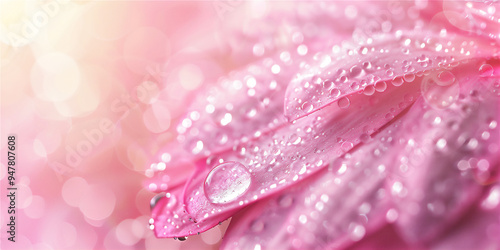 Droplets on pink flower petal in close up, version 5