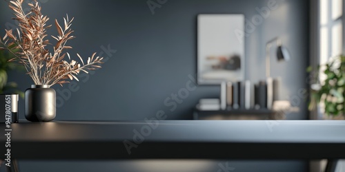 3D rendering of a blurred gray background with a black desk space