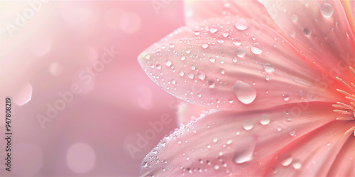 Droplets on pink flower petal in close up, version 3