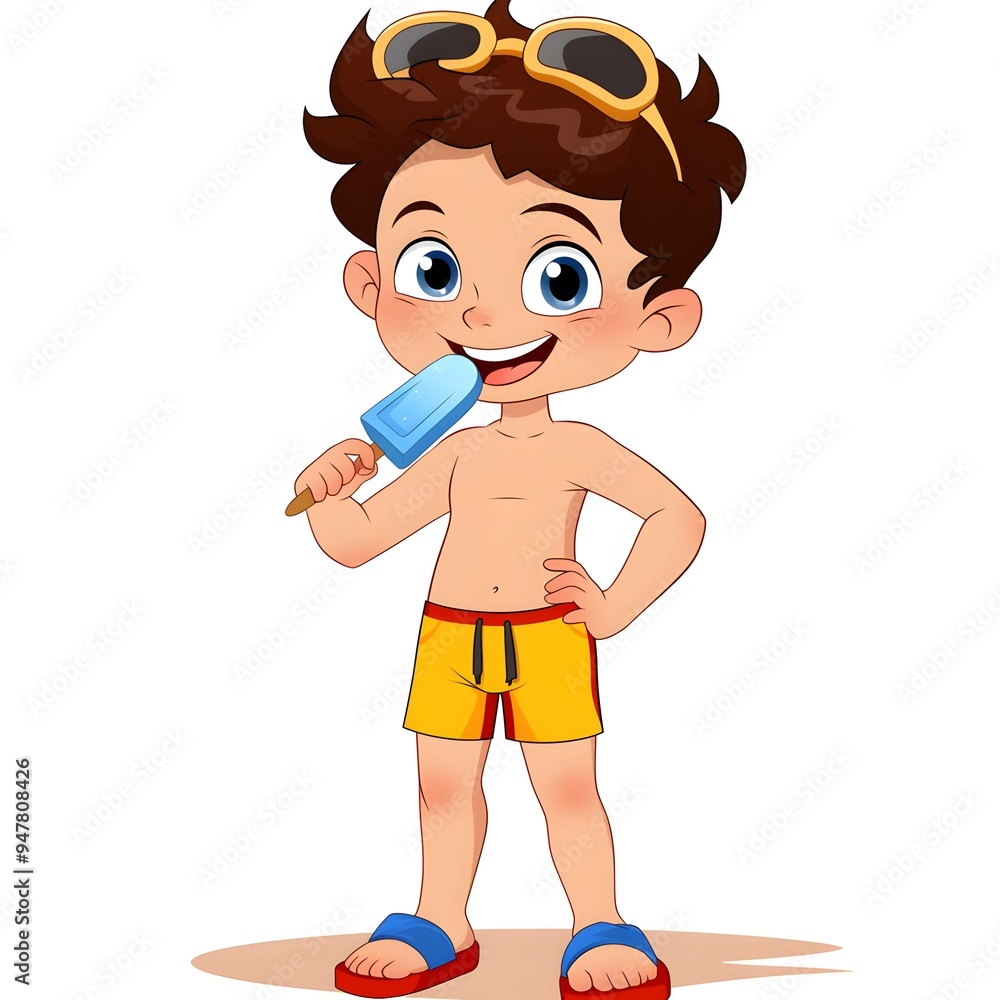 Boy in swimming trunks with ice cream Boy in swimming trunks with ice cream