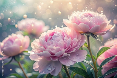 Dreamy ethereal soft focus morning dewdrops gently kiss delicate pastel petals unfolding tender pink peony blooms in misty serene surreal whimsical garden atmosphere