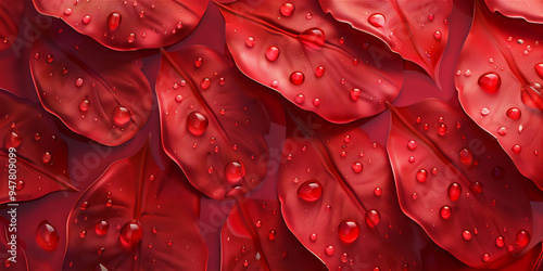 Droplets on red flower petal in close up, version 19