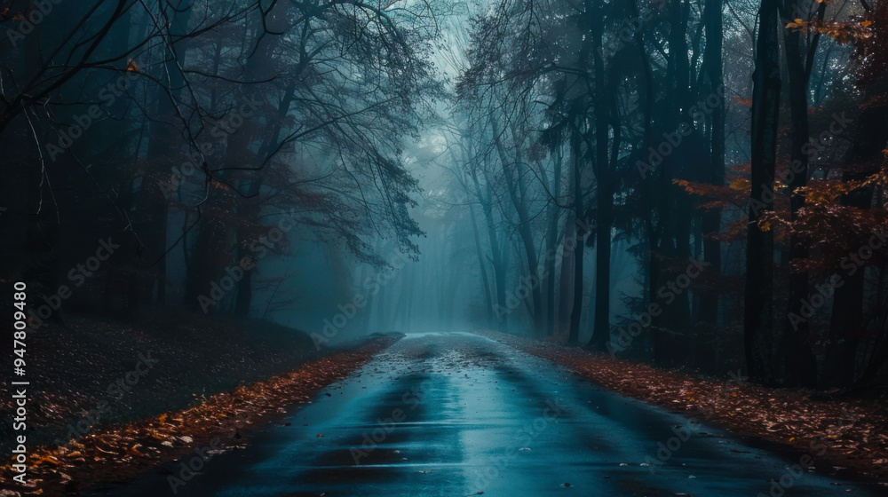 A quiet road through a dense forest, illuminated by soft mist, with scattered autumn leaves alongside the wet pavement. A quiet road through a dense forest, illuminated by soft mist, with scattered autumn leaves alongside the wet pavement.
