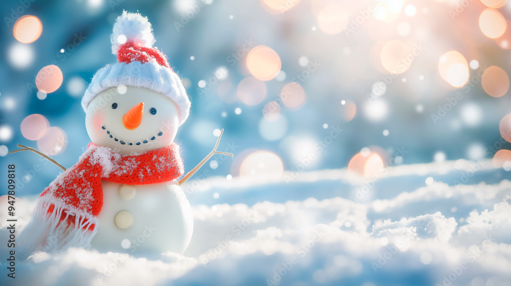 Happy cute snowman with scarf and hat on the snow, christmas greeting card Happy cute snowman with scarf and hat on the snow, christmas greeting card