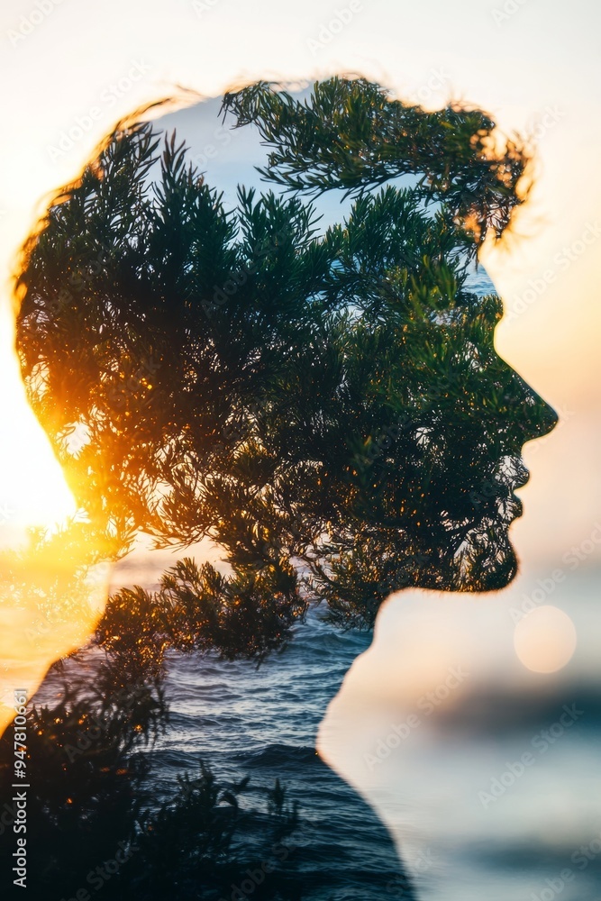 A serene double exposure portrait showcasing nature merging with human features, symbolizing harmony between man and environment. A serene double exposure portrait showcasing nature merging with human features, symbolizing harmony between man and environment.