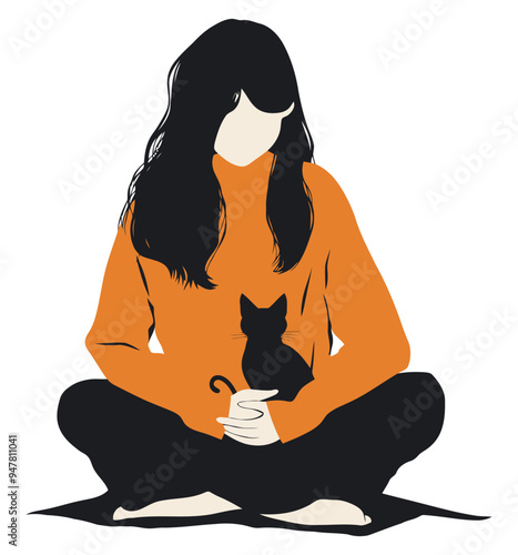 Girl Sitting with a Black Cat on Her Lap. Flat Vector Illustration