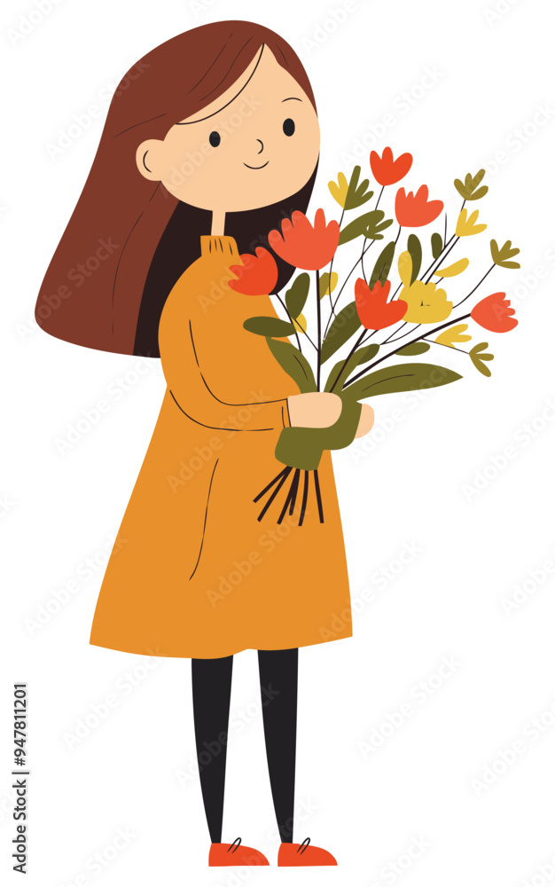 Girl with Bouquet. Flat Vector Illustration Girl with Bouquet. Flat Vector Illustration