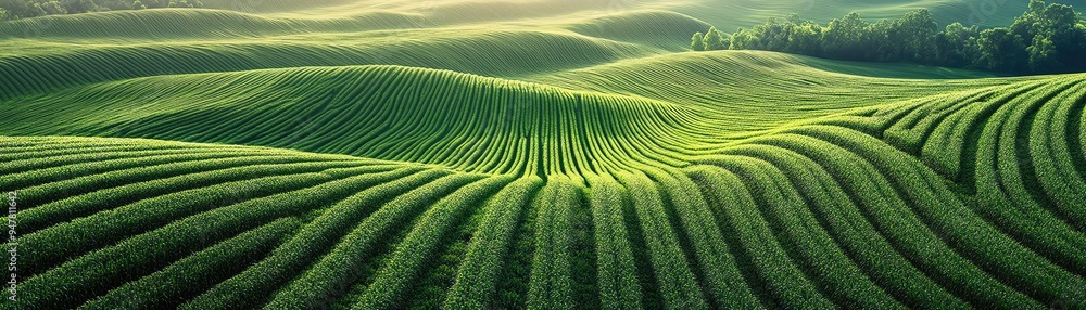 Fototapeta premium Aerial view of lush green agricultural fields, neatly aligned rows