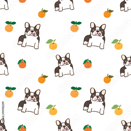 Seamless Pattern with Cute Cartoon French Bulldog and Orange Fruit Design on White Background