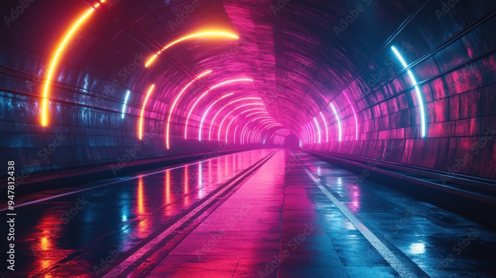 Fototapeta premium 3d render abstract colorful neon backgroun3d tunnel turning to the right ultra violet rays glowing lines cyber network data spee3d of light space an3d time highway night lights