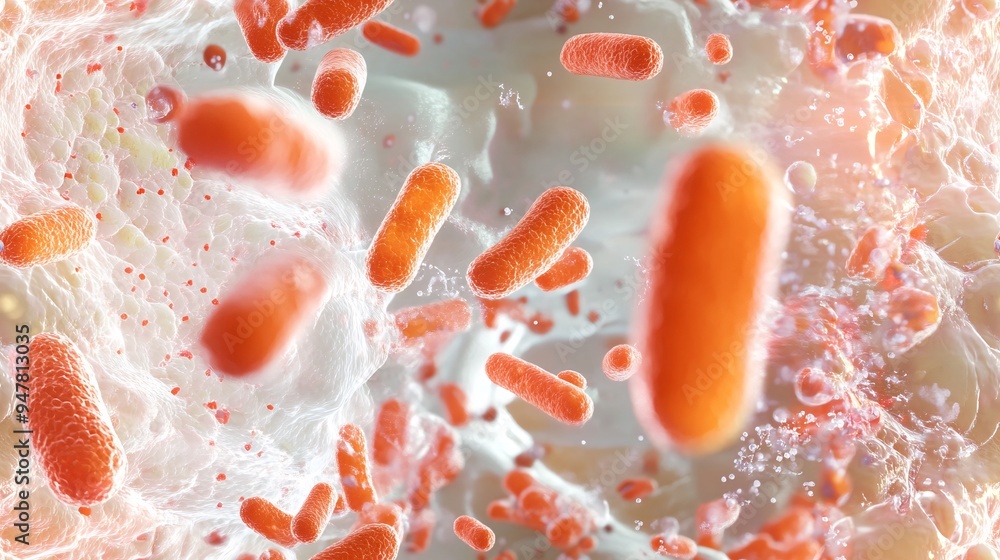 Naklejka premium A detailed microscopic view of bacteria interacting with plasma within a vein, set against an abstract, textured background.