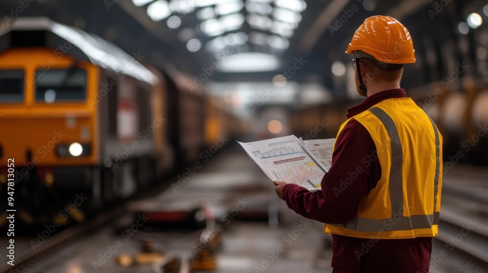A railway worker checks documents in a train station, ensuring safety and efficiency in operations. A railway worker checks documents in a train station, ensuring safety and efficiency in operations.