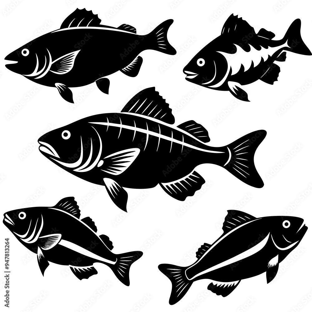 Big Bass Fish Silhouette Black Vector Big Bass Fish Silhouette Black Vector