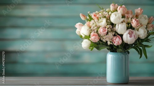 A beautiful flower arrangement in a light blue vase, set before a turquoise wooden wall, bringing an element of freshness, color, and charm to the scene. photo