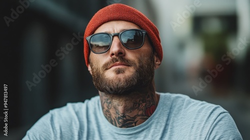 A person wearing a grey shirt and a red beanie cap, adorned with distinct tattoos on their neck, stands in a focused pose, emphasizing a modern and artistic lifestyle. photo