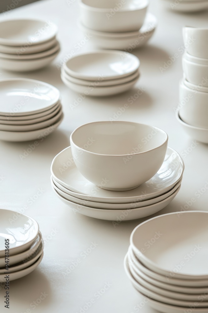 Elegant White Ceramic Dinnerware Set Arranged on a Minimalist Table for Modern Dining Elegant White Ceramic Dinnerware Set Arranged on a Minimalist Table for Modern Dining