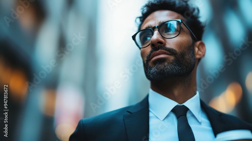 A confident businessman with glasses, dressed formally in a suit and tie, looks upward in a bustling city environment, embodying professionalism and ambition.