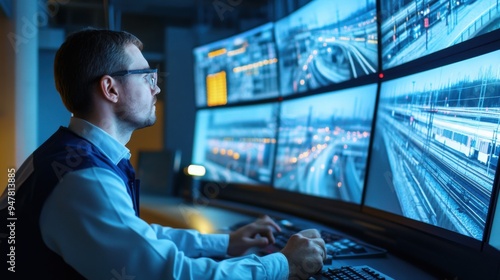 Focused operator monitoring multiple screens in a modern control room, ensuring smooth traffic management and safety.