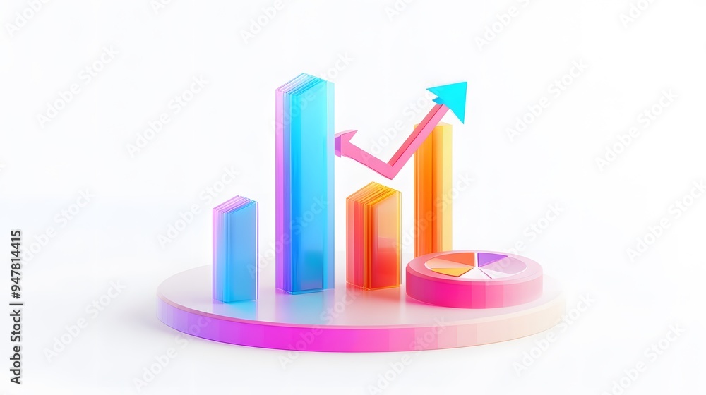 
lying composition 3d icon, UI icon, a chart icon, bar chart has a rising arrow on it, bar chart, pie chart, a rising arrow, frosted glass, transparent, white background, transparent technology sense
