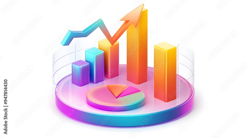 
lying composition 3d icon, UI icon, a chart icon, bar chart has a rising arrow on it, bar chart, pie chart, a rising arrow, frosted glass, transparent, white background, transparent technology sense