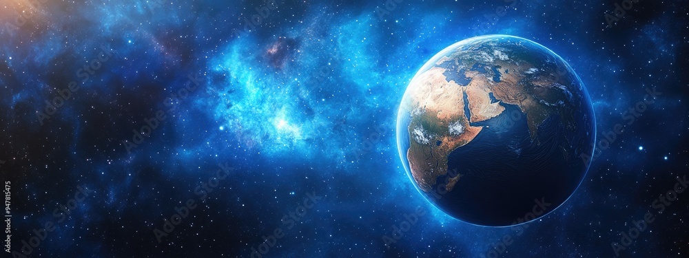 3D rendering of a cartoon style globe with a starry nebula backdrop showcasing the earth galaxy and sun as seen from space during a blue sunrise 3D rendering of a cartoon style globe with a starry nebula backdrop showcasing the earth galaxy and sun as seen from space during a blue sunrise