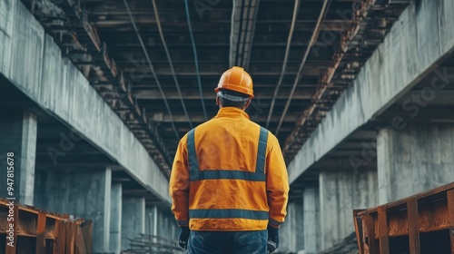 A construction worker in a safety vest and helmet observing the structural framework of a building site from below. photo