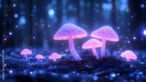 Glowing mushrooms in a dark enchanted forest, bioluminescent glowtime, otherworldly and mystical, natures hidden wonders photo