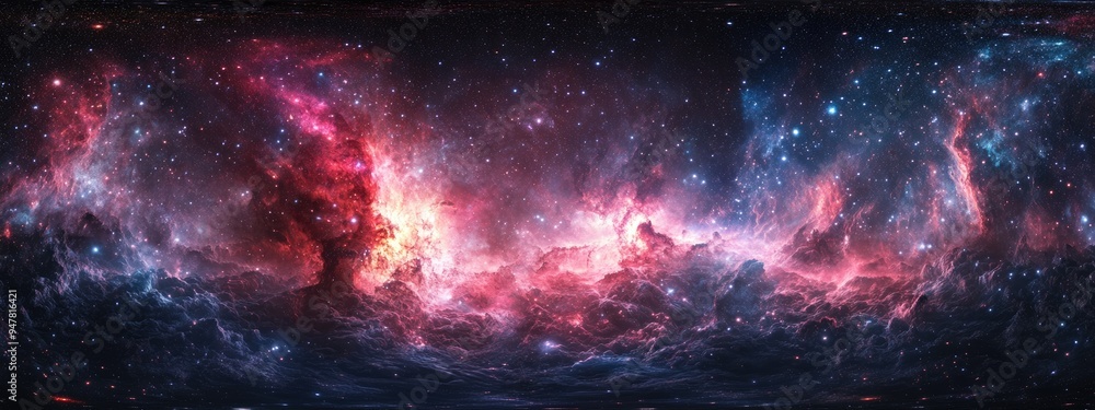 Obraz premium 3D illustration featuring a space nebula adorned with stars presented as a virtual reality environment 360 HDRI map and an equirectangular projection of the universe in spherical panorama