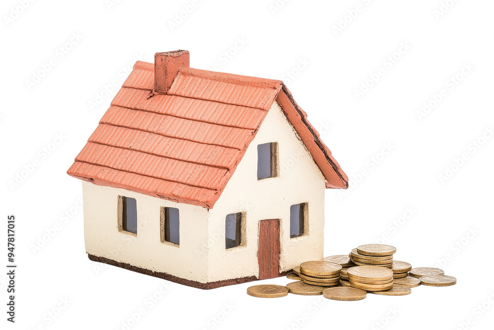 A miniature house model with coins, representing real estate investment and financial growth in the housing market. A miniature house model with coins, representing real estate investment and financial growth in the housing market.