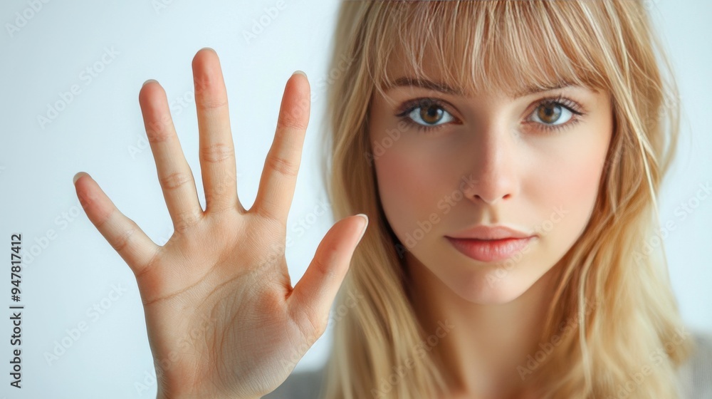 A close-up portrait of a young woman with long blonde hair, holding up her hand in a gesture of greeting or pause. A close-up portrait of a young woman with long blonde hair, holding up her hand in a gesture of greeting or pause.