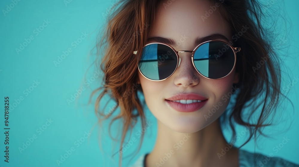 Young woman wearing round sunglasses poses against a vibrant blue background in a bright, casual setting during the day Young woman wearing round sunglasses poses against a vibrant blue background in a bright, casual setting during the day