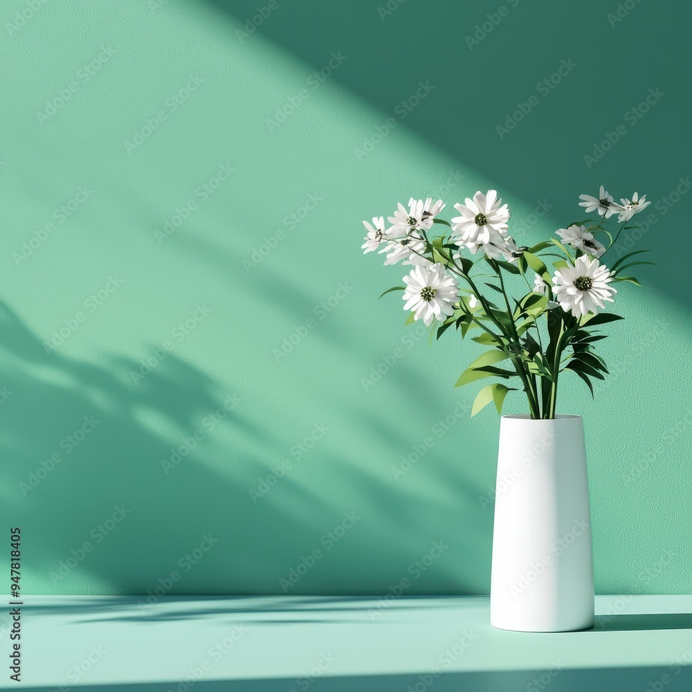 Fresh and airy: white flowers in a minimalist vase against a soothing green backdrop, perfect for serene interiors Fresh and airy: white flowers in a minimalist vase against a soothing green backdrop, perfect for serene interiors