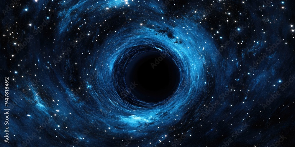 Cartoon rendering in 3D of a black hole surrounded by shiny stars in a cold deep space with a blue nebula and a dark night sky illustrated in 2D Cartoon rendering in 3D of a black hole surrounded by shiny stars in a cold deep space with a blue nebula and a dark night sky illustrated in 2D