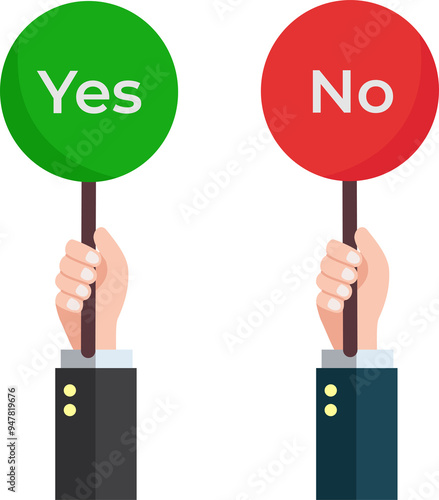 hands hold signboard icon yes and no or dilemma problem making decision choosing between two options opposite yes or no