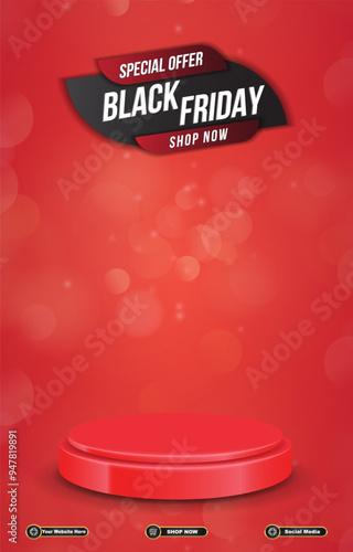 black friday sale discount portait template banner with blank space 3d podium for social media post product sale with abstract gradient red background design12 photo